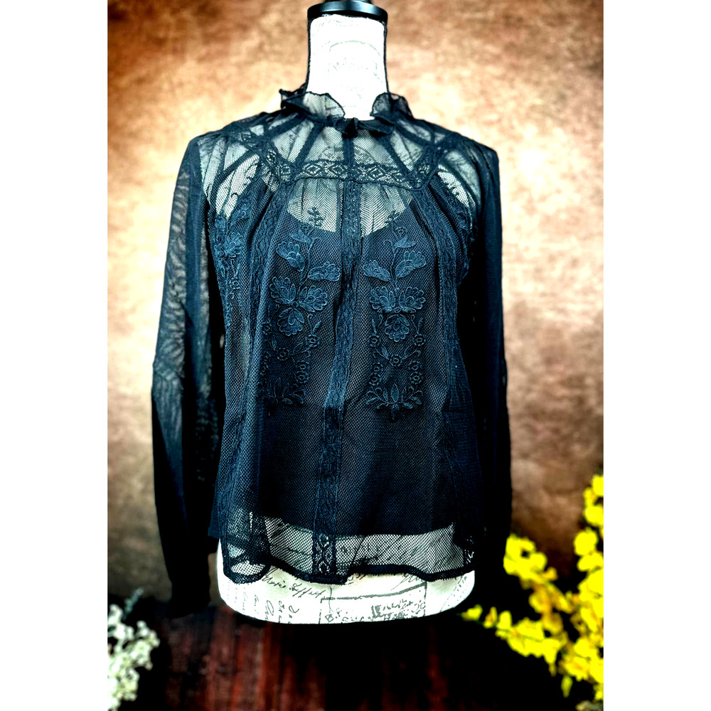 St Roche Lace Embroidered Ruffle Neck Flores Top Black 6 - Picture 6 of 12